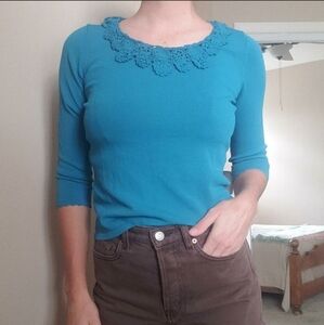 JONES NEW YORK Petite 3/4 Sleeve Crochet Collar Teal/Turquoise/Blue Top
